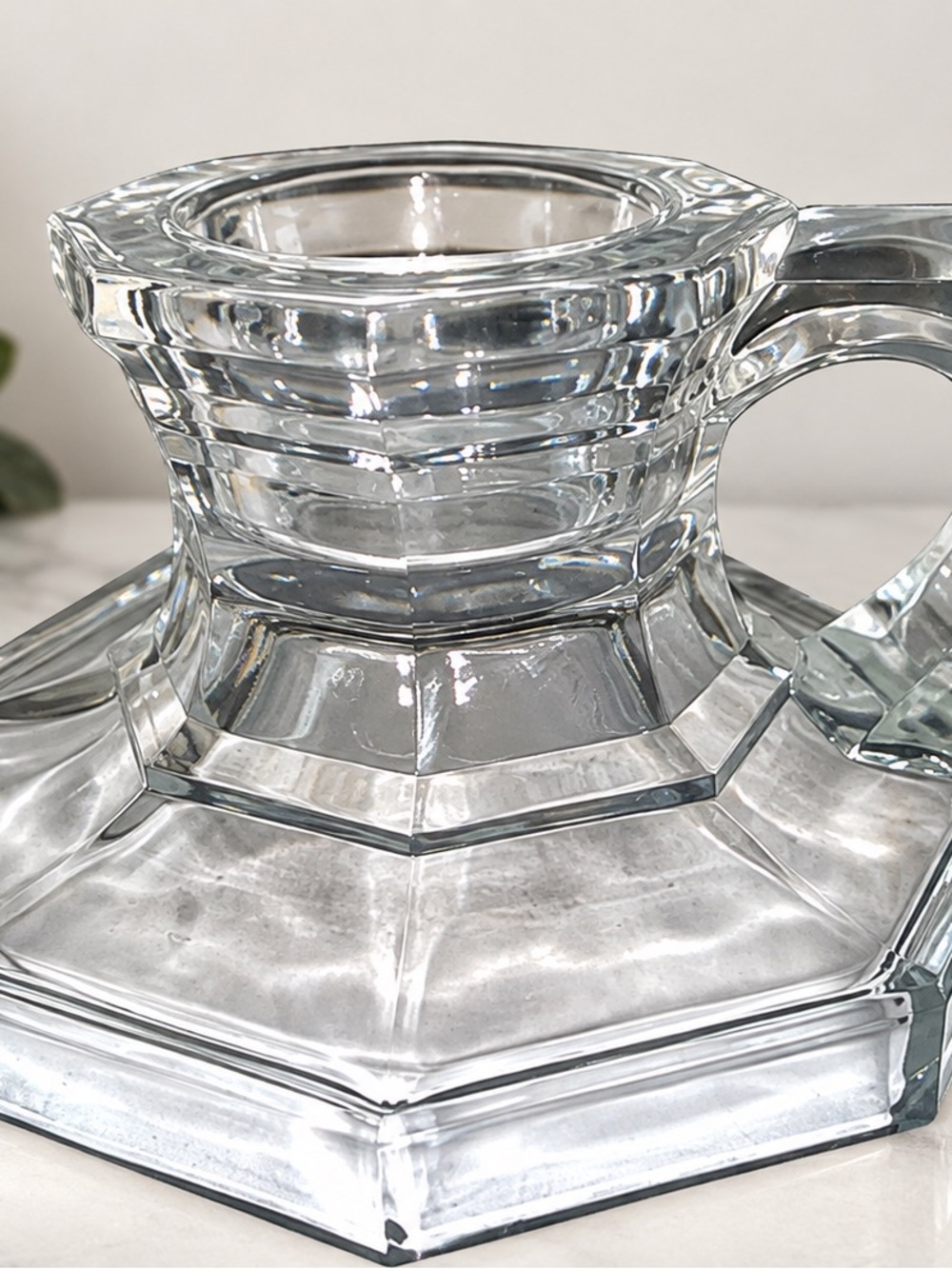 Vintage Clear Glass Chamberstick Candle Holder Octagon Finger Loop Geometric